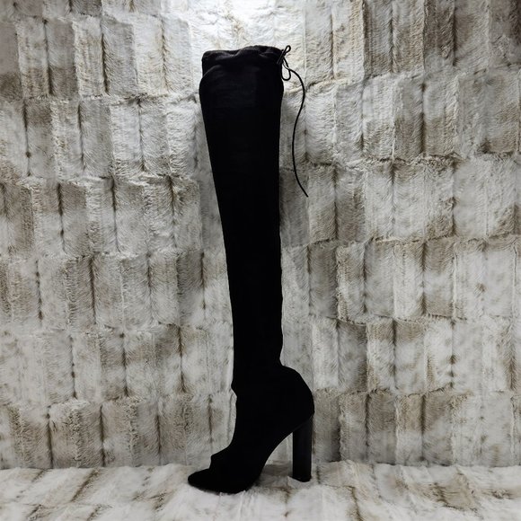 So MeBlack Faux Suede Stretch OTK Thigh Boot 4" Chunky Heels Size 6.5 - Picture 2 of 9